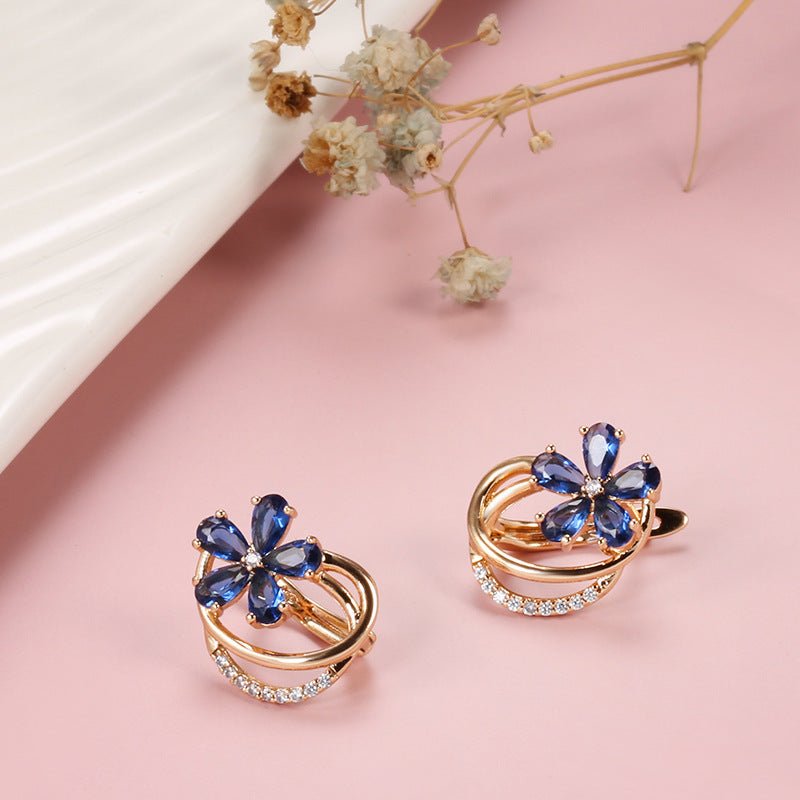 Rose Gold Zircon Earrings Blue Small Flower Ladies-Jewearrings