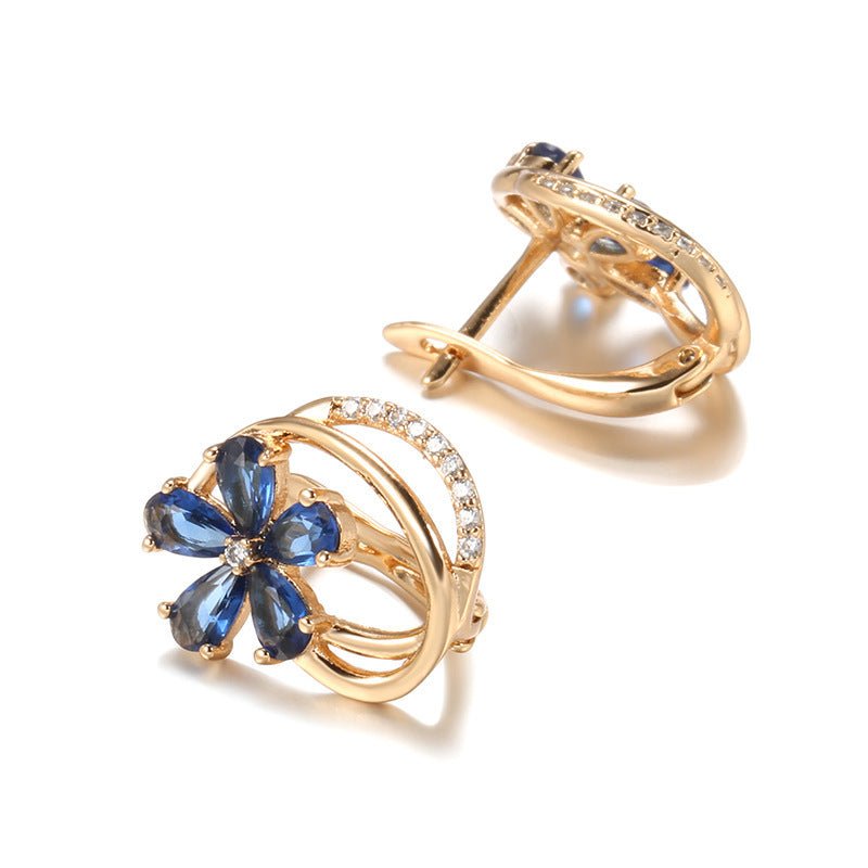 Rose Gold Zircon Earrings Blue Small Flower Ladies-Jewearrings