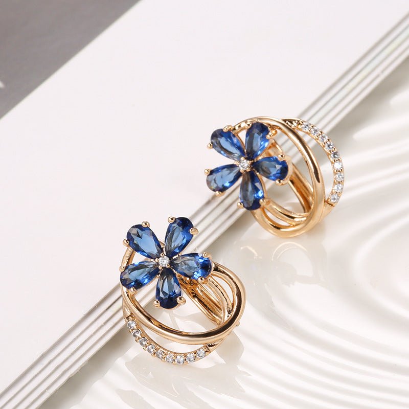 Rose Gold Zircon Earrings Blue Small Flower Ladies-Jewearrings