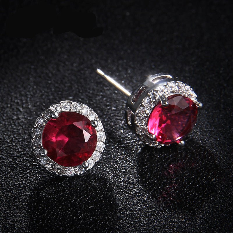 Round Sapphire Blue Red Stud Earrings AAA Zircon Inlaid Jewelry-Jewearrings