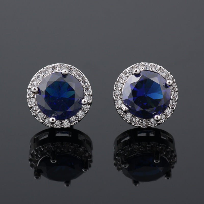 Round Sapphire Blue Red Stud Earrings AAA Zircon Inlaid Jewelry-Jewearrings