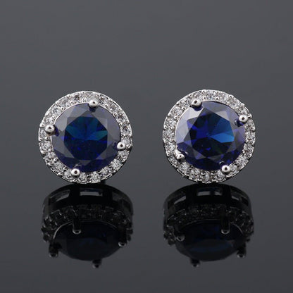 Round Sapphire Blue Red Stud Earrings AAA Zircon Inlaid Jewelry-Jewearrings