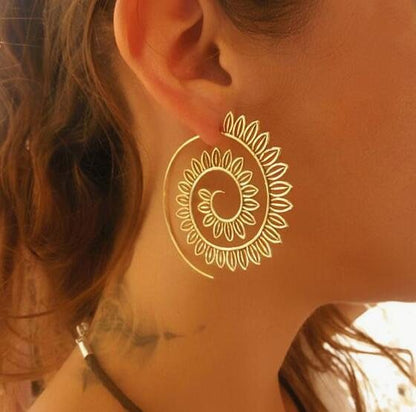 Round Spiral Earrings For Women Gold Color Big Exaggerated Gear Earrings-Jewearrings