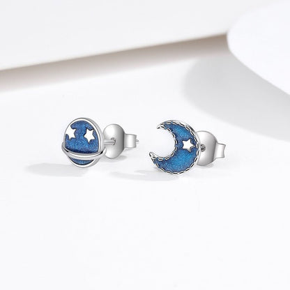 S925 Silver Blue Planet Moon Stud Earrings-Jewearrings