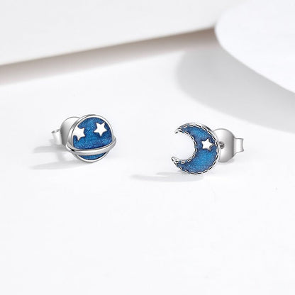 S925 Silver Blue Planet Moon Stud Earrings-Jewearrings