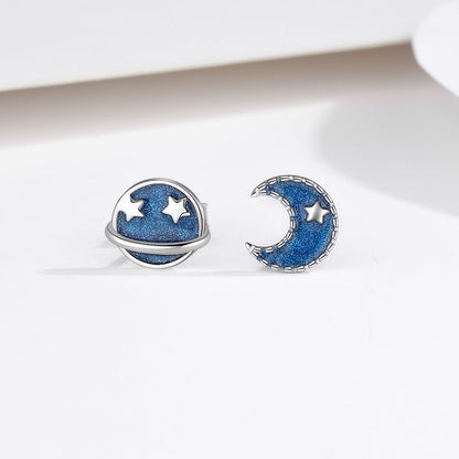 S925 Silver Blue Planet Moon Stud Earrings-Jewearrings