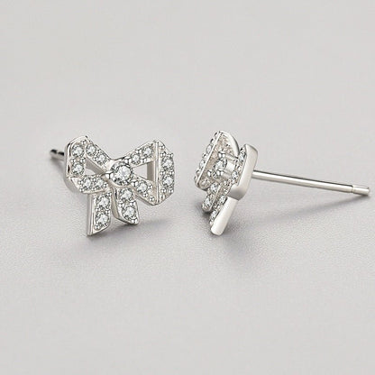 S925 Silver Diamond Bow Stud Earrings-Jewearrings