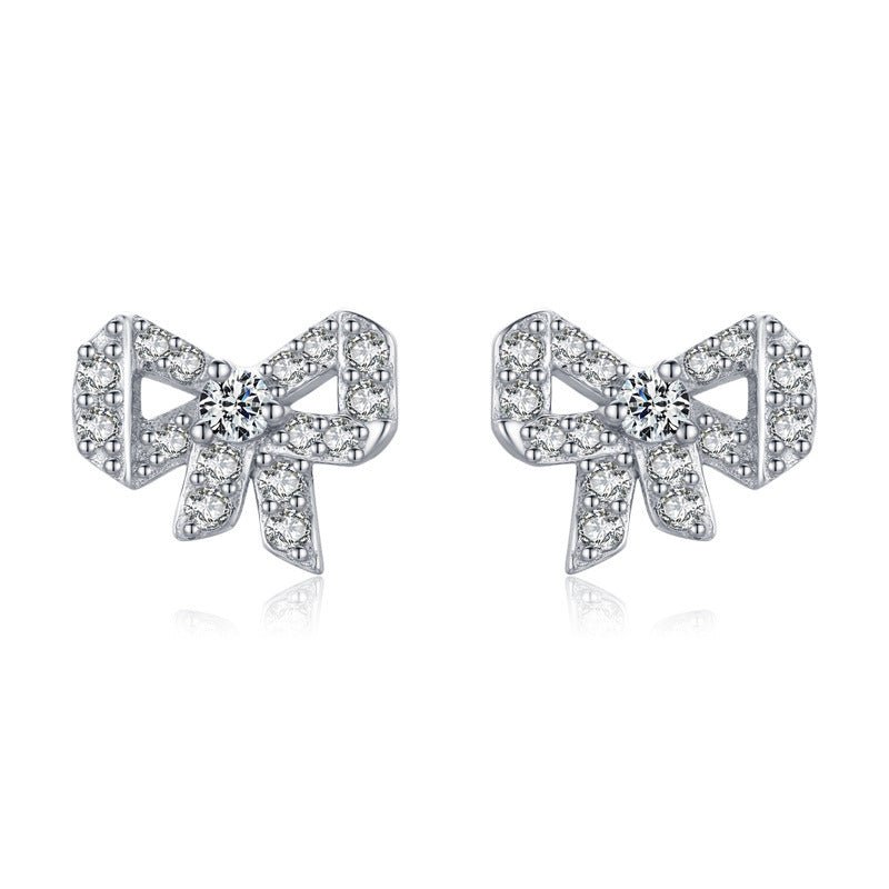 S925 Silver Diamond Bow Stud Earrings-Jewearrings