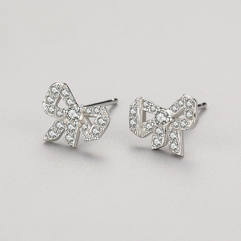 S925 Silver Diamond Bow Stud Earrings-Jewearrings