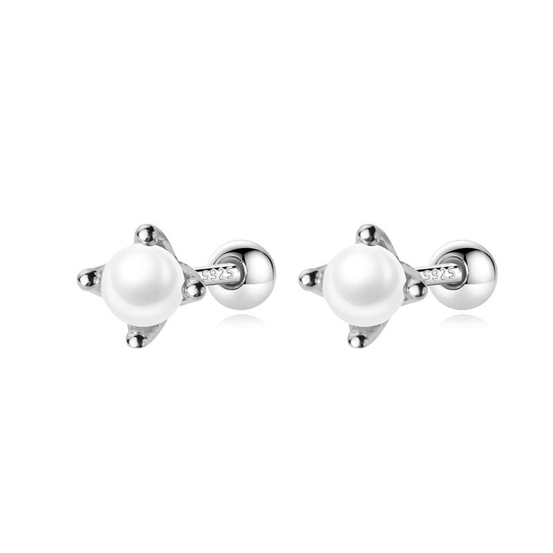 S925 Silver Earrings Female Four-claw Shell Beads Synthetic Pearl Sweet Screw-Jewearrings