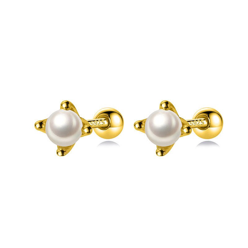 S925 Silver Earrings Female Four-claw Shell Beads Synthetic Pearl Sweet Screw-Jewearrings