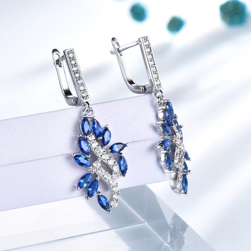 S925 Silver Earrings Micro-set Zircon Leaf Sapphire Pendant Earrings Long Earrings-Jewearrings