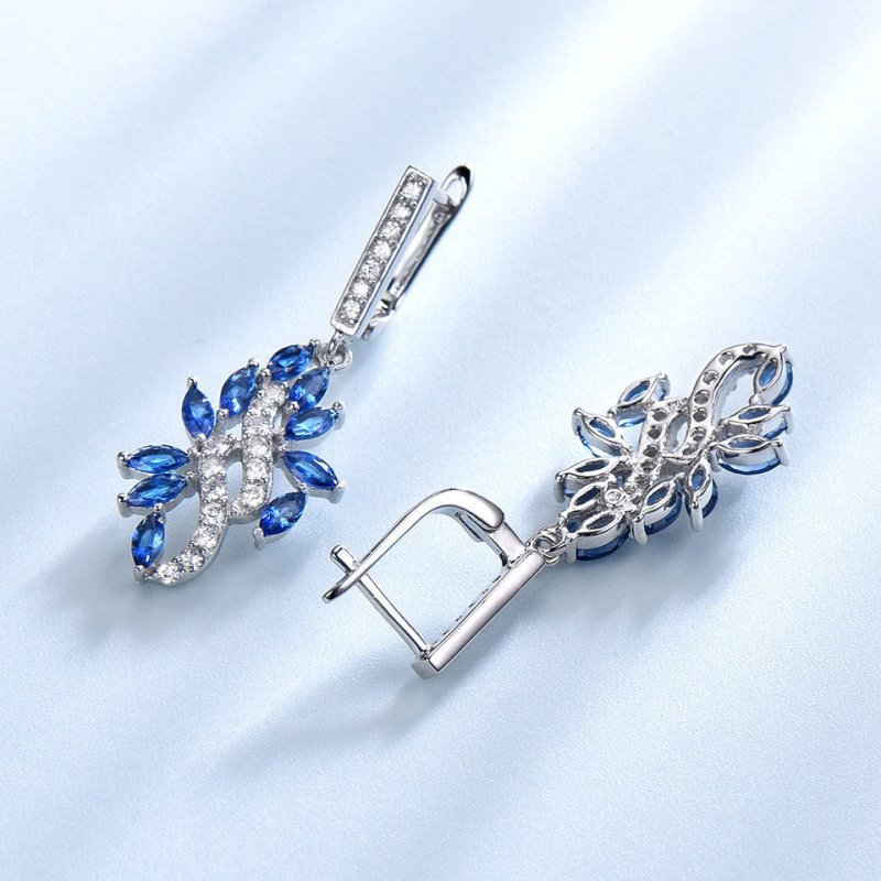 S925 Silver Earrings Micro-set Zircon Leaf Sapphire Pendant Earrings Long Earrings-Jewearrings