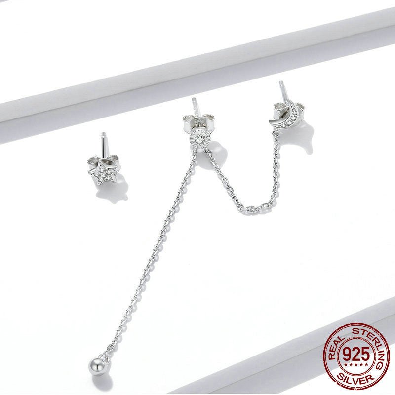 S925 Silver Fantasy Star And Moon Long Tassel Ear Line Earrings-Jewearrings