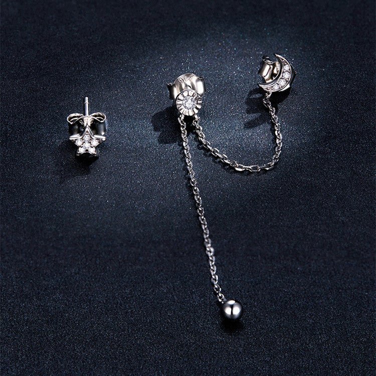 S925 Silver Fantasy Star And Moon Long Tassel Ear Line Earrings-Jewearrings