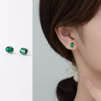 S925 Silver Green Diamond Oval Tori Stud Earrings-Jewearrings