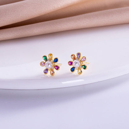 S925 Silver Korean Style Colorful Zircon Flower Stud Earrings Simple Retro-Jewearrings