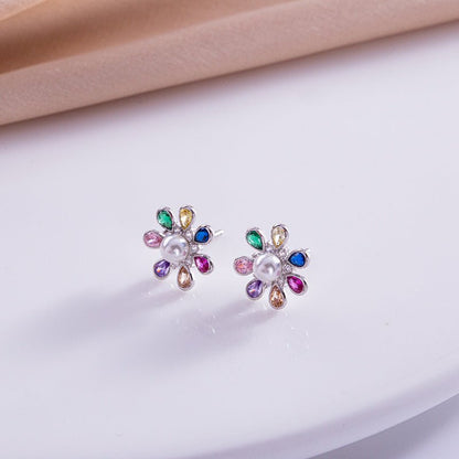 S925 Silver Korean Style Colorful Zircon Flower Stud Earrings Simple Retro-Jewearrings