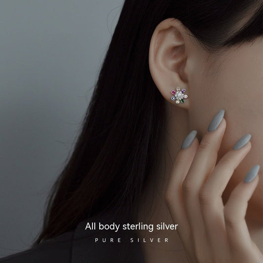 S925 Silver Korean Style Colorful Zircon Flower Stud Earrings Simple Retro-Jewearrings