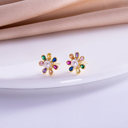 S925 Silver Korean Style Colorful Zircon Flower Stud Earrings Simple Retro-Jewearrings