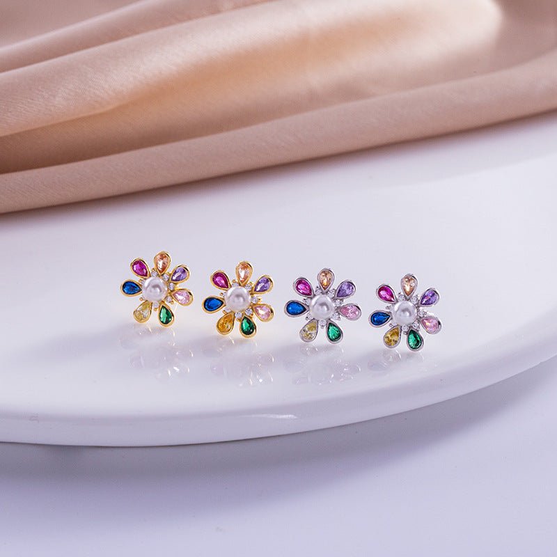 S925 Silver Korean Style Colorful Zircon Flower Stud Earrings Simple Retro-Jewearrings