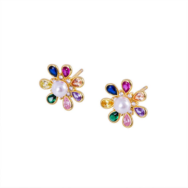 S925 Silver Korean Style Colorful Zircon Flower Stud Earrings Simple Retro-Jewearrings