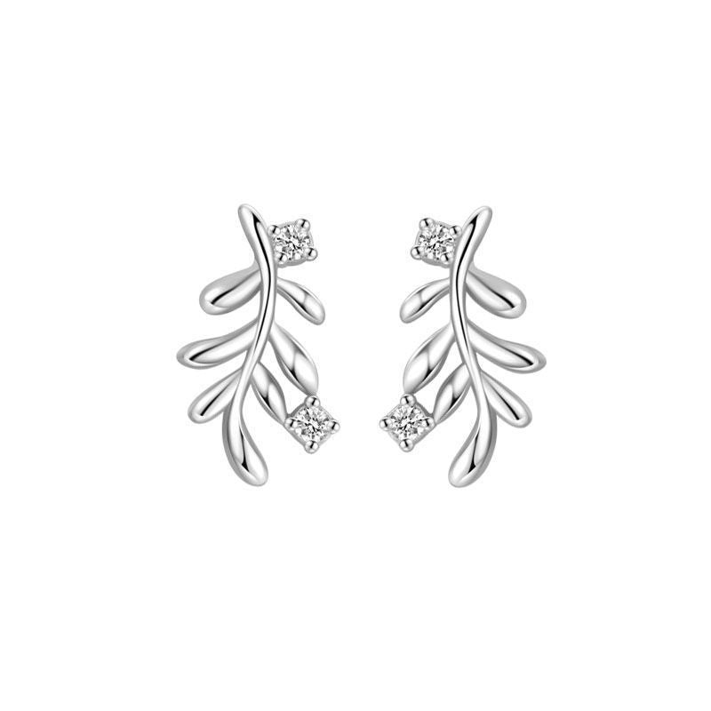 S925 Silver Leaf Sweet Diamond Stud Earrings-Jewearrings