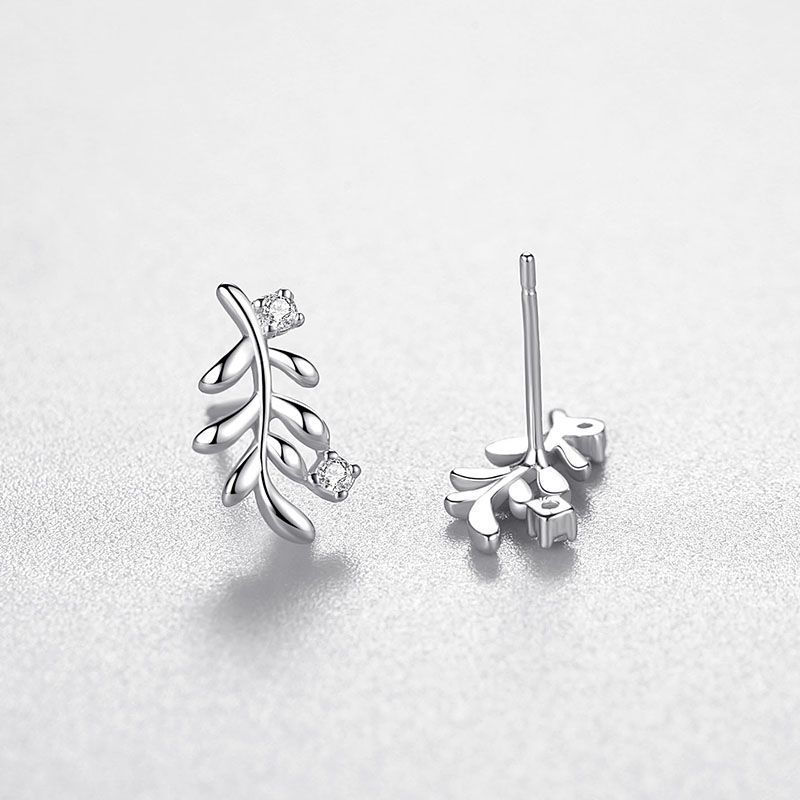 S925 Silver Leaf Sweet Diamond Stud Earrings-Jewearrings