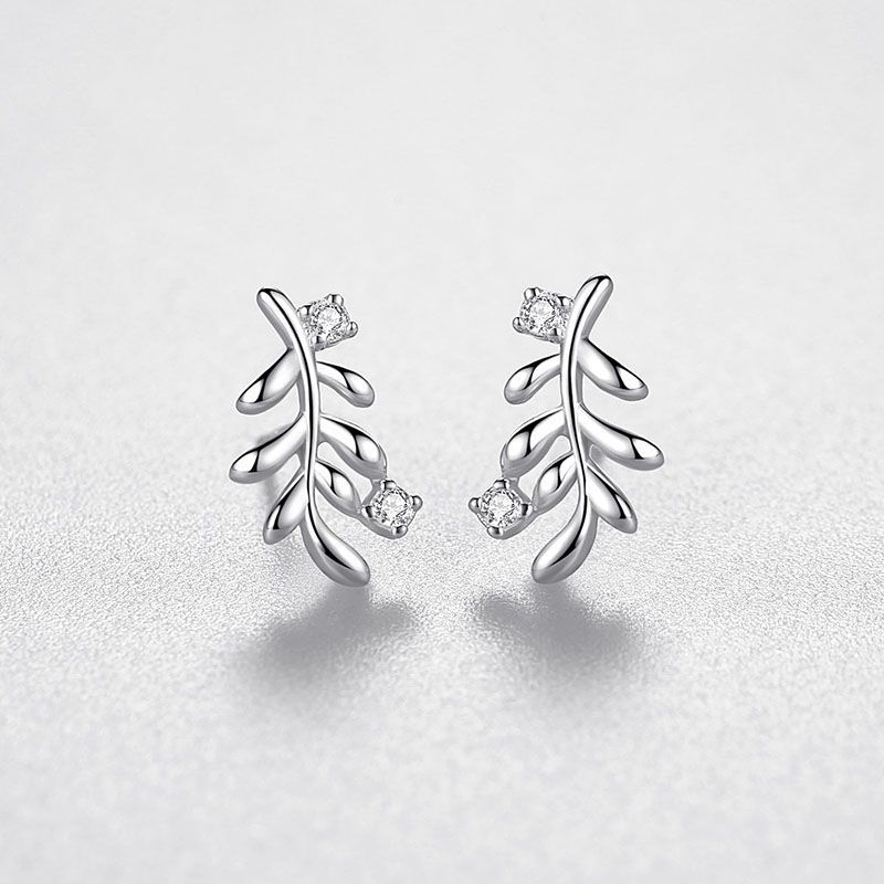 S925 Silver Leaf Sweet Diamond Stud Earrings-Jewearrings