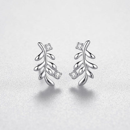 S925 Silver Leaf Sweet Diamond Stud Earrings-Jewearrings