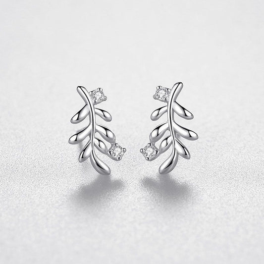 S925 Silver Leaf Sweet Diamond Stud Earrings-Jewearrings