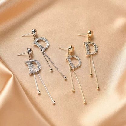 S925 Silver Letter D Full Diamond Long Fringe Style Earrings-Jewearrings