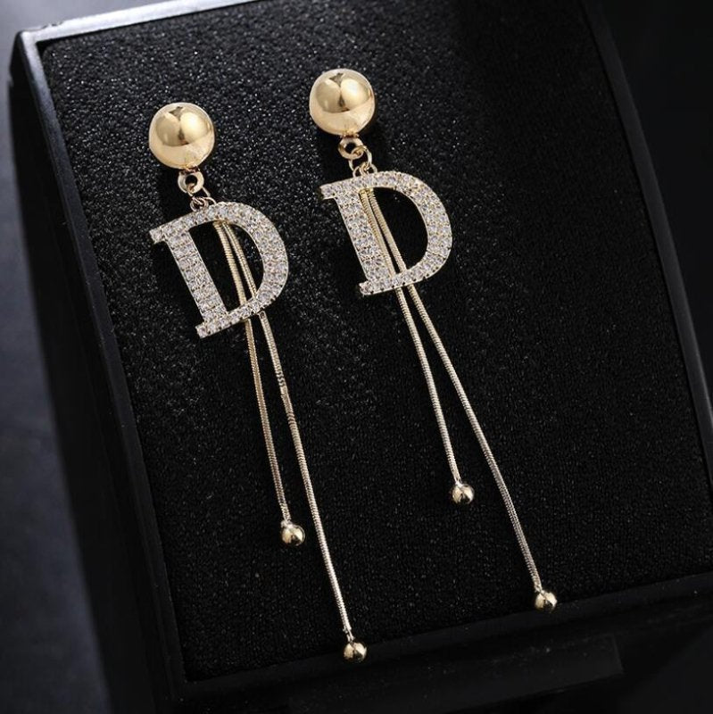 S925 Silver Letter D Full Diamond Long Fringe Style Earrings-Jewearrings