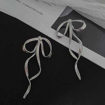 S925 Silver Metal Bow Long Ribbon Earrings-Jewearrings