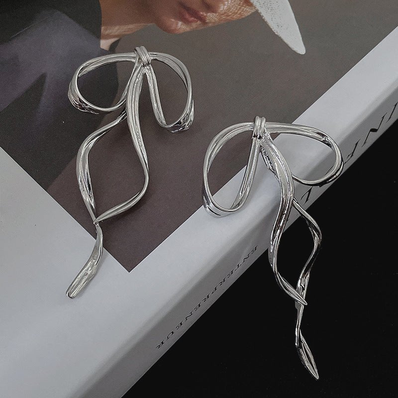 S925 Silver Metal Bow Long Ribbon Earrings-Jewearrings