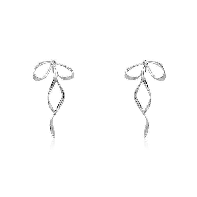 S925 Silver Metal Bow Long Ribbon Earrings-Jewearrings