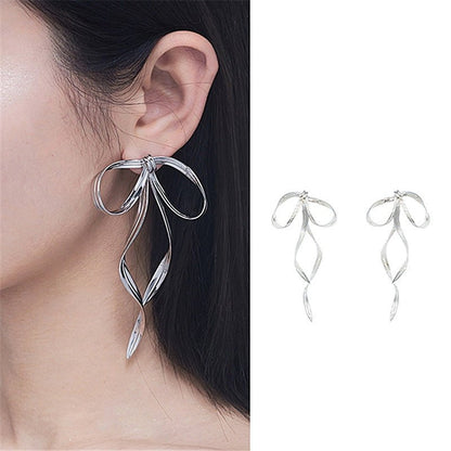 S925 Silver Metal Bow Long Ribbon Earrings-Jewearrings