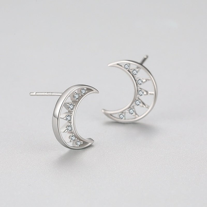 S925 Silver Micro Diamond Hollow Moon Stud Earrings-Jewearrings