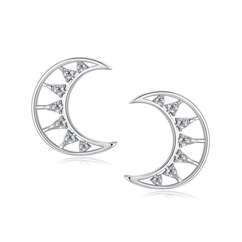 S925 Silver Micro Diamond Hollow Moon Stud Earrings-Jewearrings