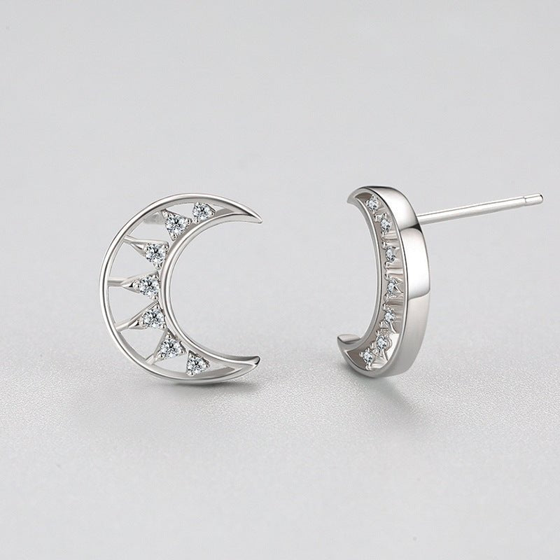 S925 Silver Micro Diamond Hollow Moon Stud Earrings-Jewearrings