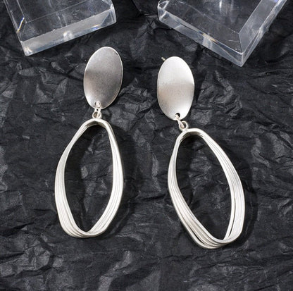 S925 silver needle cold light earrings Europe and the United States long geometric oval earrings simple matte matte earrings female-Jewearrings