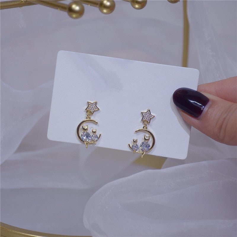 S925 Silver Needle Diamond Cat Moon Earrings-Jewearrings