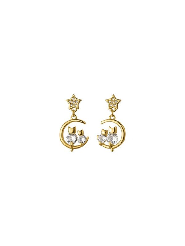 S925 Silver Needle Diamond Cat Moon Earrings-Jewearrings