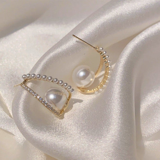 S925 Silver Needle Diamond Pearl C-shaped Stud Earrings-Jewearrings