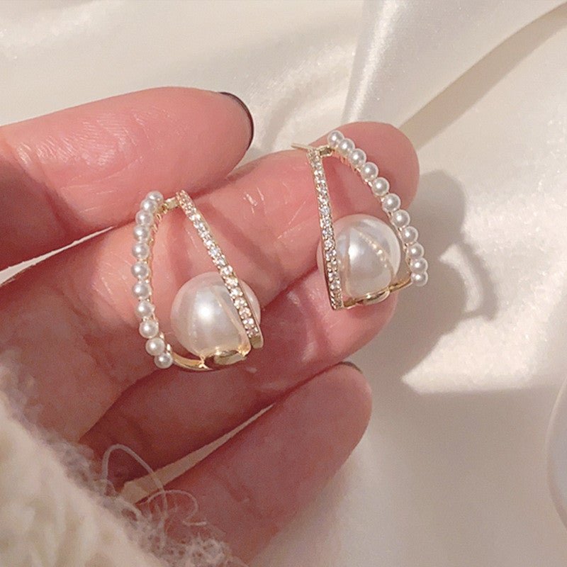 S925 Silver Needle Diamond Pearl C-shaped Stud Earrings-Jewearrings