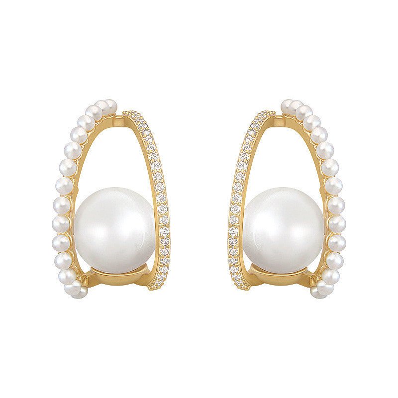 S925 Silver Needle Diamond Pearl C-shaped Stud Earrings-Jewearrings