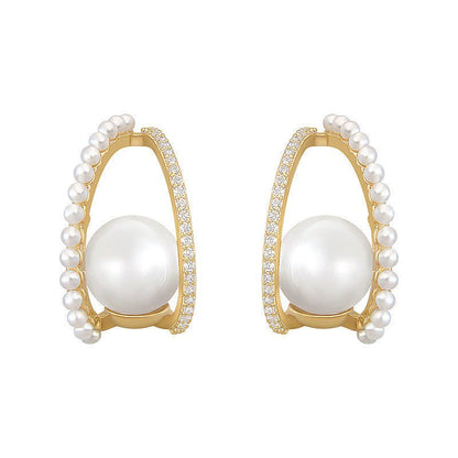 S925 Silver Needle Diamond Pearl C-shaped Stud Earrings-Jewearrings