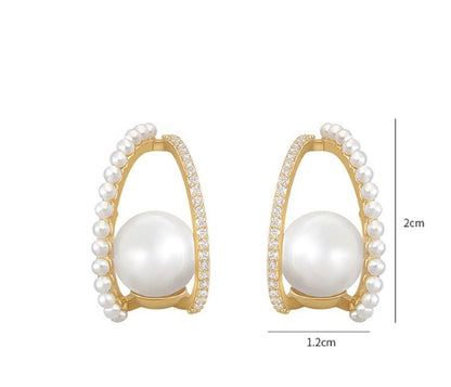 S925 Silver Needle Diamond Pearl C-shaped Stud Earrings-Jewearrings