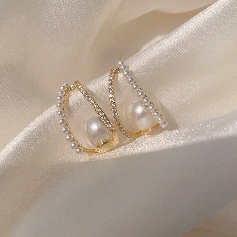 S925 Silver Needle Diamond Pearl C-shaped Stud Earrings-Jewearrings