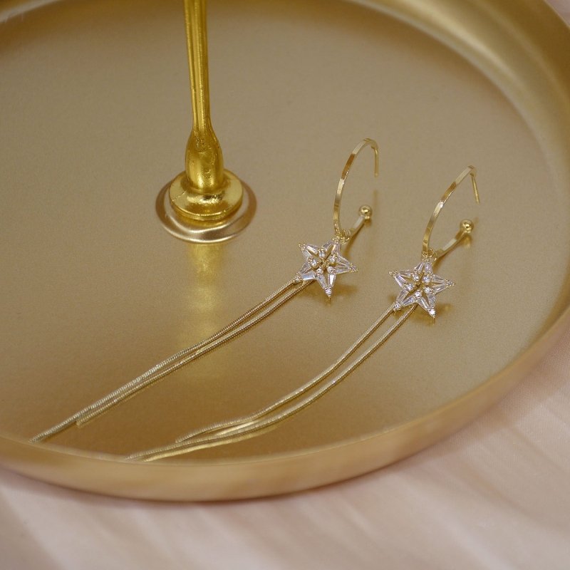 S925 Silver Needle Exquisite Five-Pointed Star Zircon Long Tassel Chain Temperament Earrings Female Earrings-Jewearrings